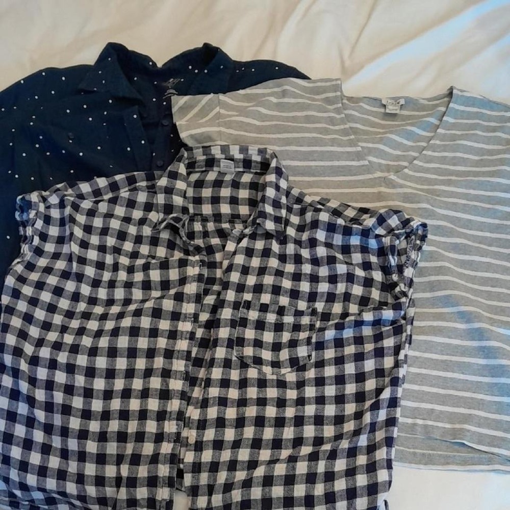 Bundle 3 shirts: J Crew Gray Stripe V Neck T Shirt Top Women Size L 100 Cotton